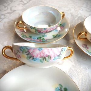 Antique Epiag Czechoslovakia Double Handled Bullion Bowls with Saucer Set of 4